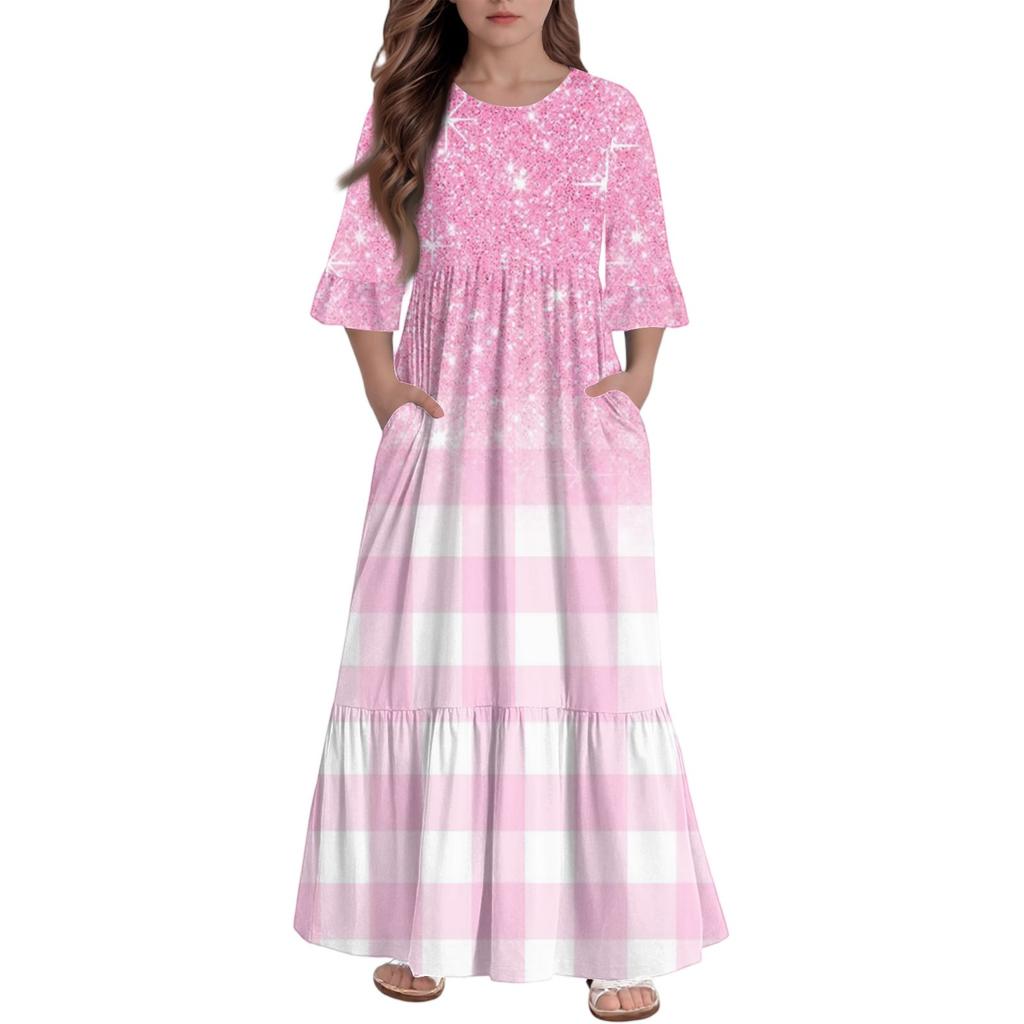 Mädchen Stufenkleid mit Rüschen - 3/4 Ärmel Taschen Maxi mit Taschen