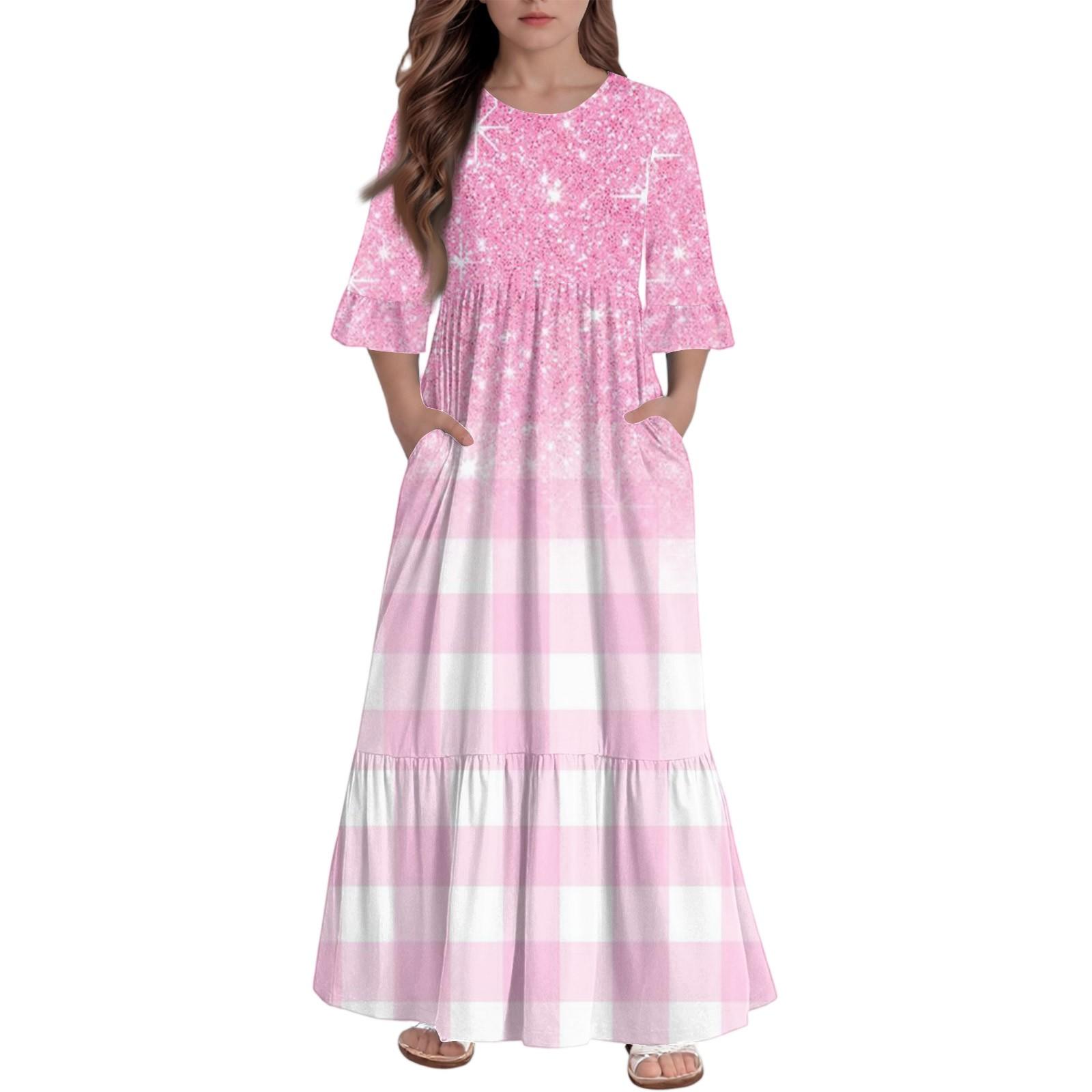 

Платье с многоярусными оборками для девочек - Макси с карманами, рукав 3/4 140 розовый