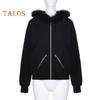 Casaco de inverno feminino com capuz de pelúcia, estilo high street, cardigan com zíper, capuz com bolsos com zíper, cor sólida, quente, solto, agasalho