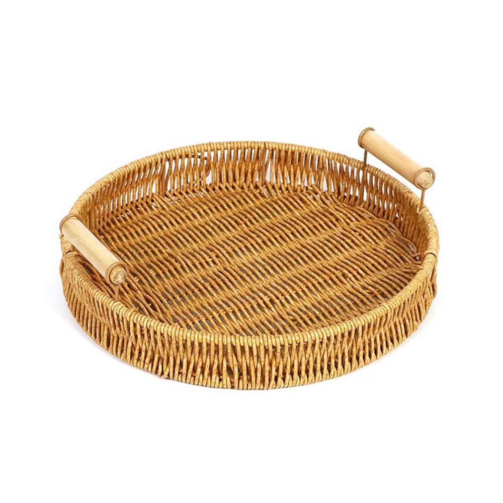 Handmade Round Rattan Storage Tray Plastic Bread Fruit Storage Tray Wicker Storage Baskets  Office