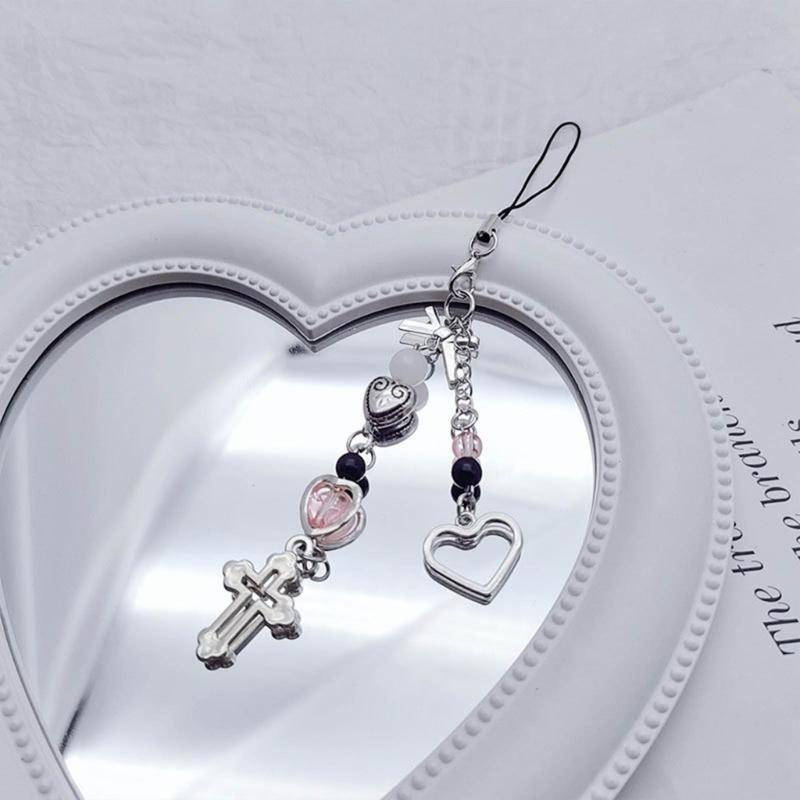 Beaded Wrist Strap Cross Pendant Keyring Hollow Heart Bead Wrist Strap Y2k