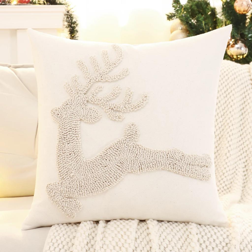 Christmas Decoration Throw Pillow Cover Embroidery Canvas Tufted Snowflake Reindeer