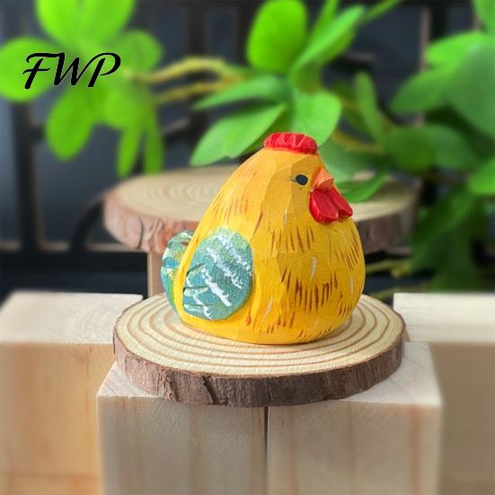 Non-toxic Wooden Figurine Hand-Carved Rooster Farmhouse Chicken Sculptures Rustic Animal Statue Natural Solid Wood Ornament for Home Shelf Desk
