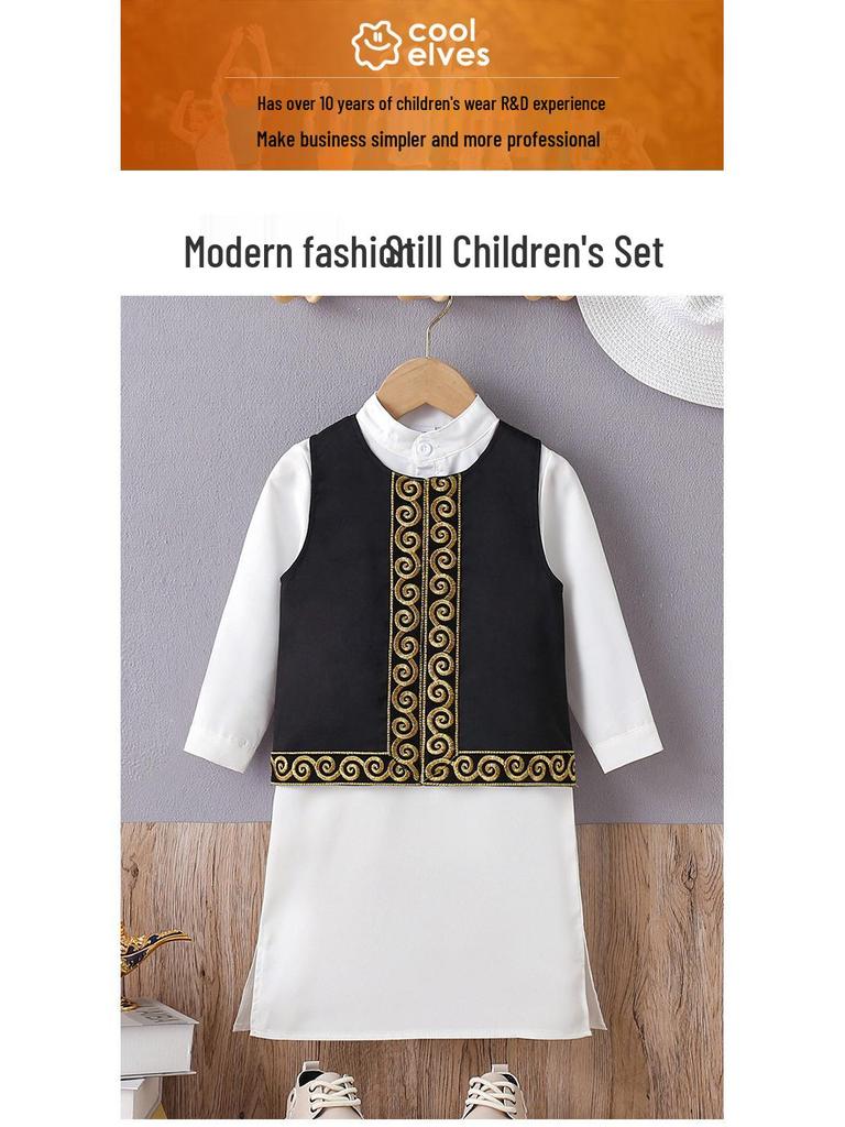 Trendy Middle East Teen Embroidery Vest & Robe Set - Arabic Style Boys' Outfit