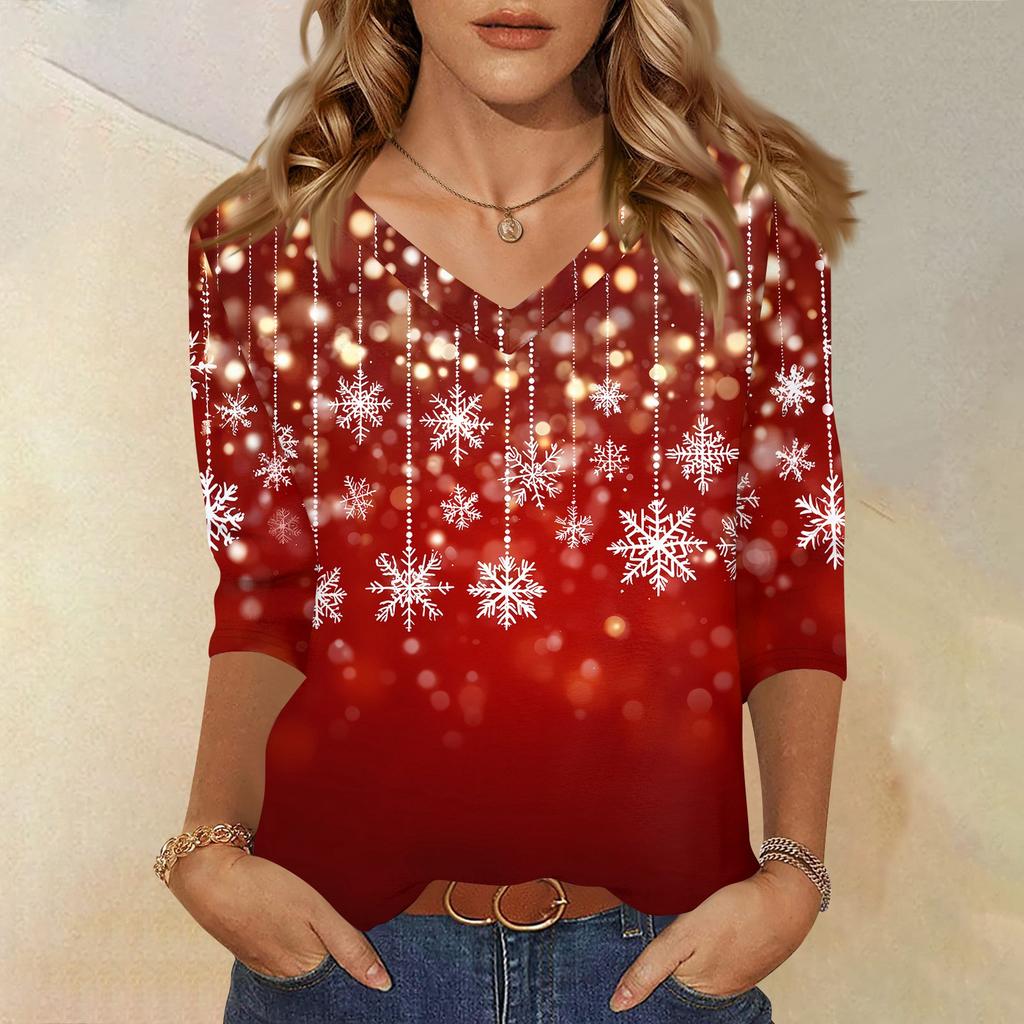 Women's T Shirt CHristmas Print 3/4 Sleeve Daily Weekend Fashion Basic V- Neck Regular Top
