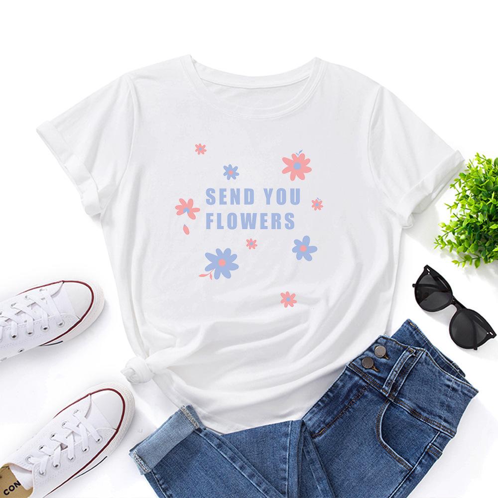 Send You Flowers Cotton T-Shirt Short Sleeve Round Neck Women 2d Print Tops