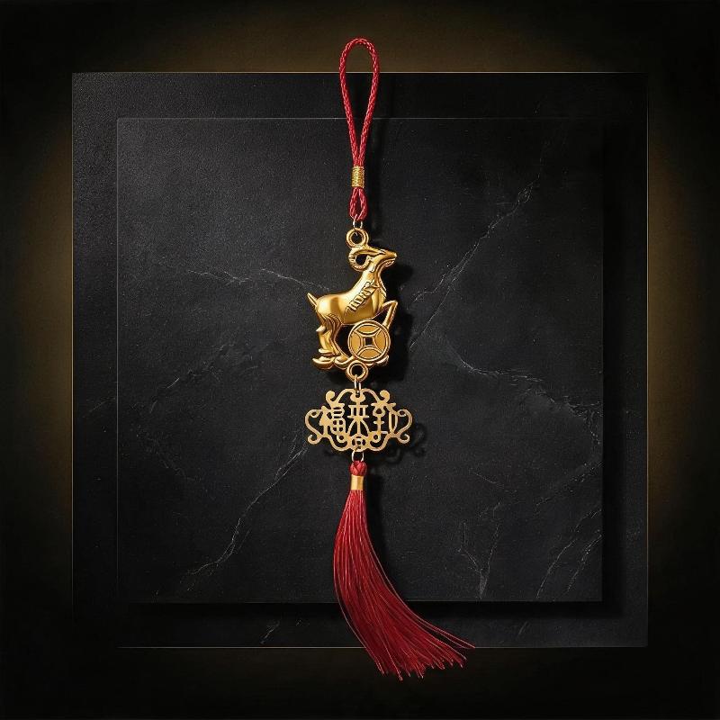 Auspicious Golden Plated Year of Goat Hanging Ornament Red Tassels for Lunar New Year Party Home Decor