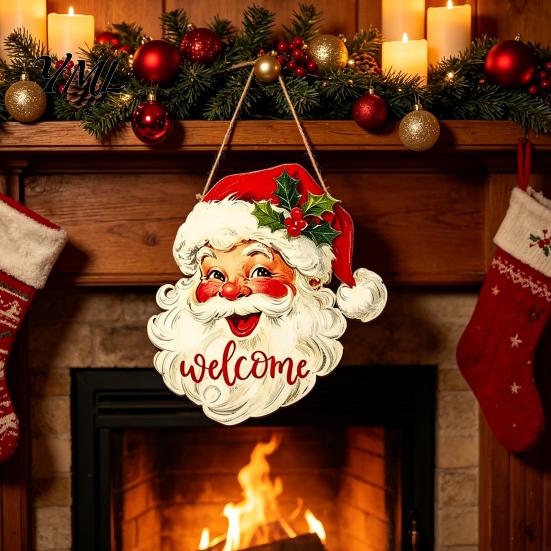 Wooden Door Decorations Christmas Hanging Sign, 2D Santa Snowman Welcome Plaque, Xmas Wall Fireplace Ornament, Holiday Decor for Front Porch,