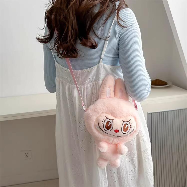 Geantă crossbody nouă Labubu: Geantă de umăr portabilă de pluș de desene animate cu păpușă de pluș și organizator pentru mărunțiș