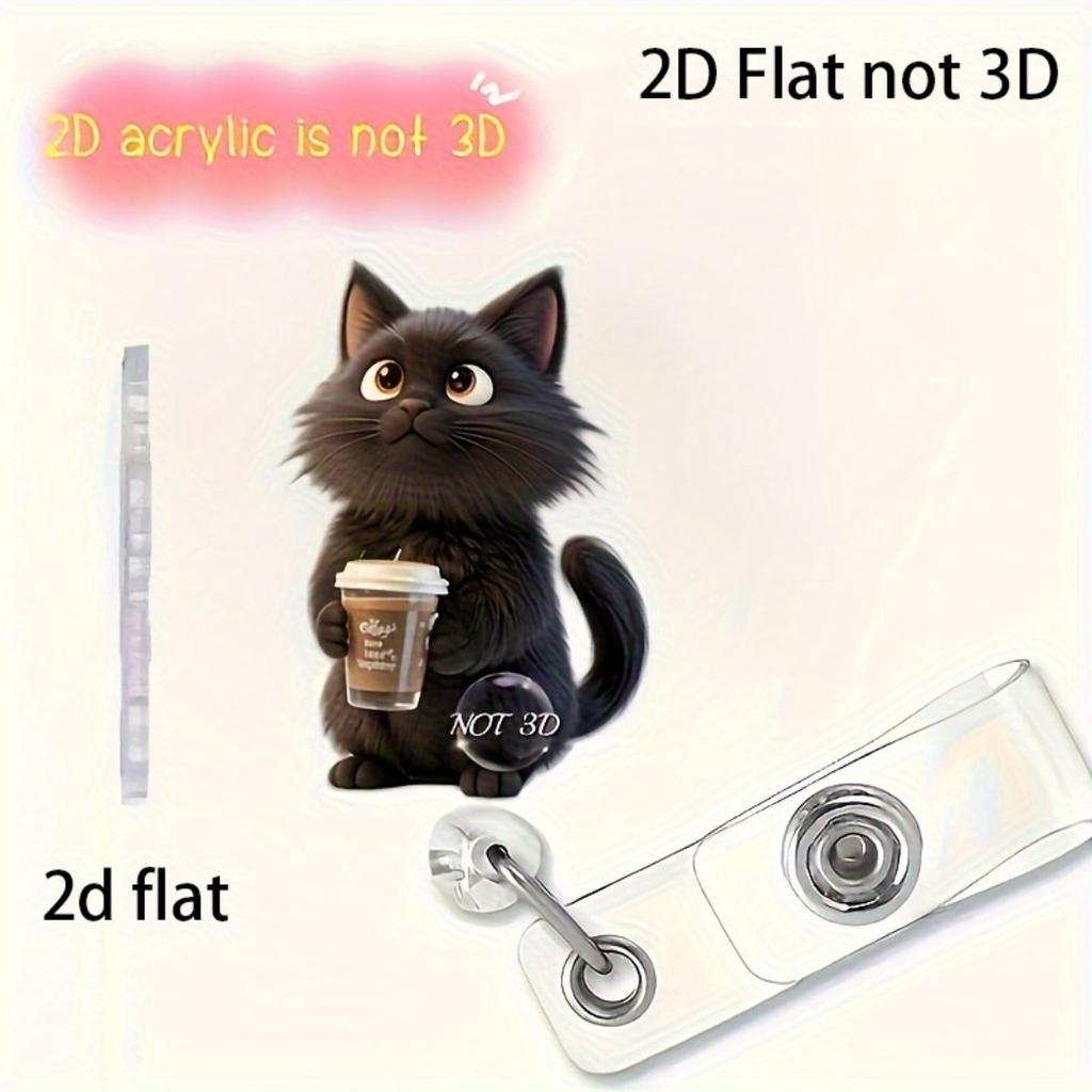 2D Flat Acrylic Black Cat Coffee Cup Retractable Badge Reel, Solid PMMA Clip On ID Holder For Nurse Doctor Medical Student And Office Workplace Staff