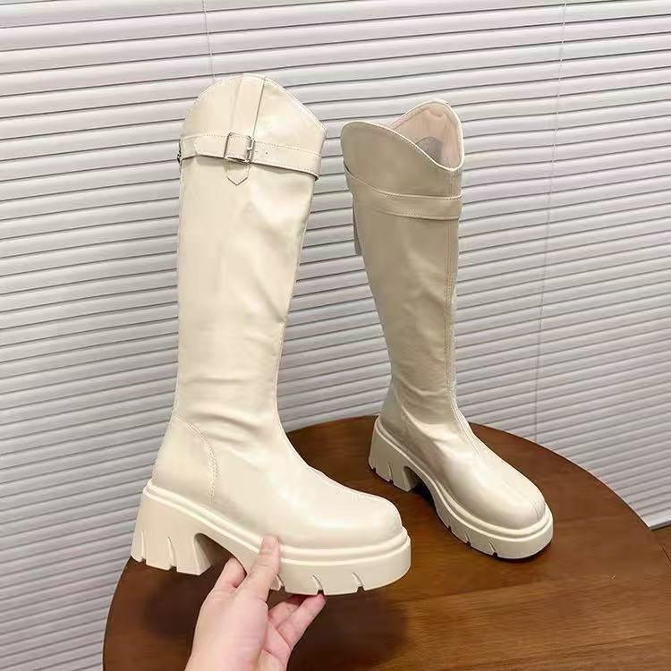 Waterproof table thick bottom but knee mid boots belt buckle soft leather rear zipper boots women's winter
