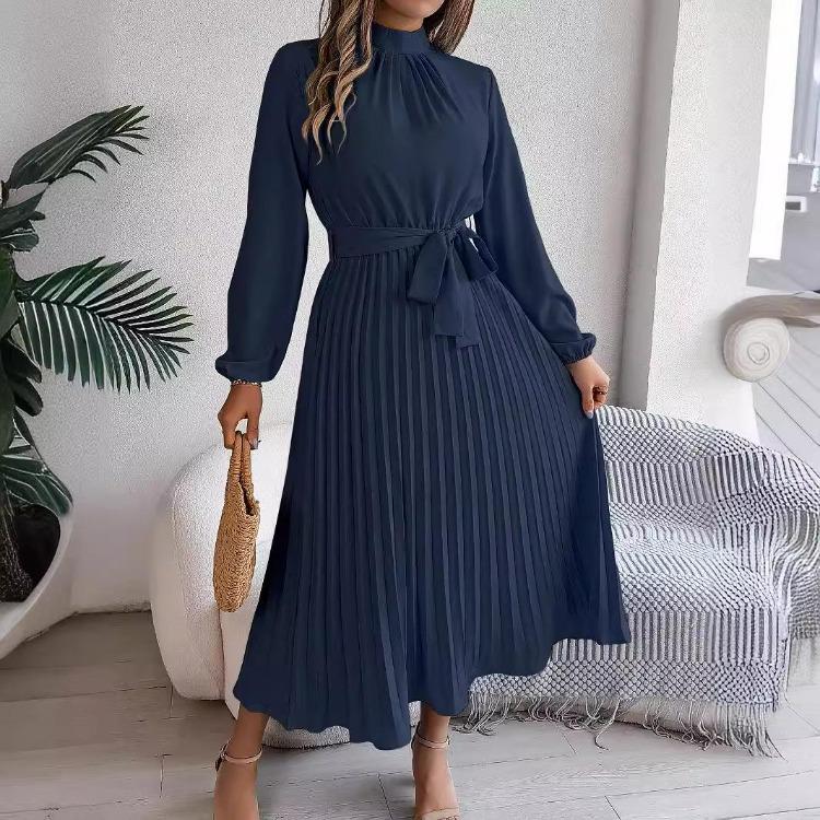 Women Long Sleeve A Line Dress High Waist Stand Collar Pleated Solid Long Dress Autumn Winter Sizes S To XXXL