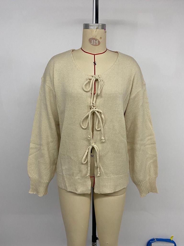 2026 Autumn/Winter Casual Retro Lace-up Round Neck Knit Cardigan for Women
