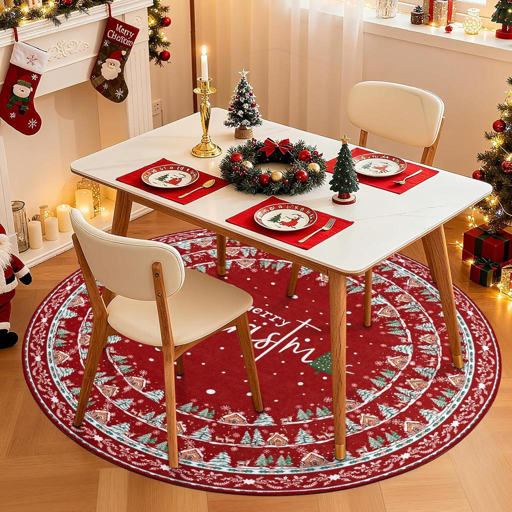 Machine Washable Christmas Area Rug Non Slip Indoor Circle Carpet Soft Low Pile Xmas Holiday Rug for Living Room Bedroom Nursery