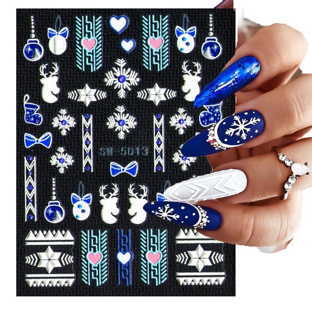 5D Embossed Christmas Nail Art Stickers New Year Red Santa Claus Tree Penguins Snowman Winter Sliders Girl Manicure Decals NK-1*