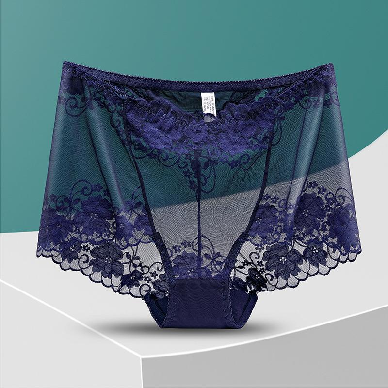 Plus Size Lady Summer Sexy Lace Hollow Out Perspective High Waist Triangle Briefs