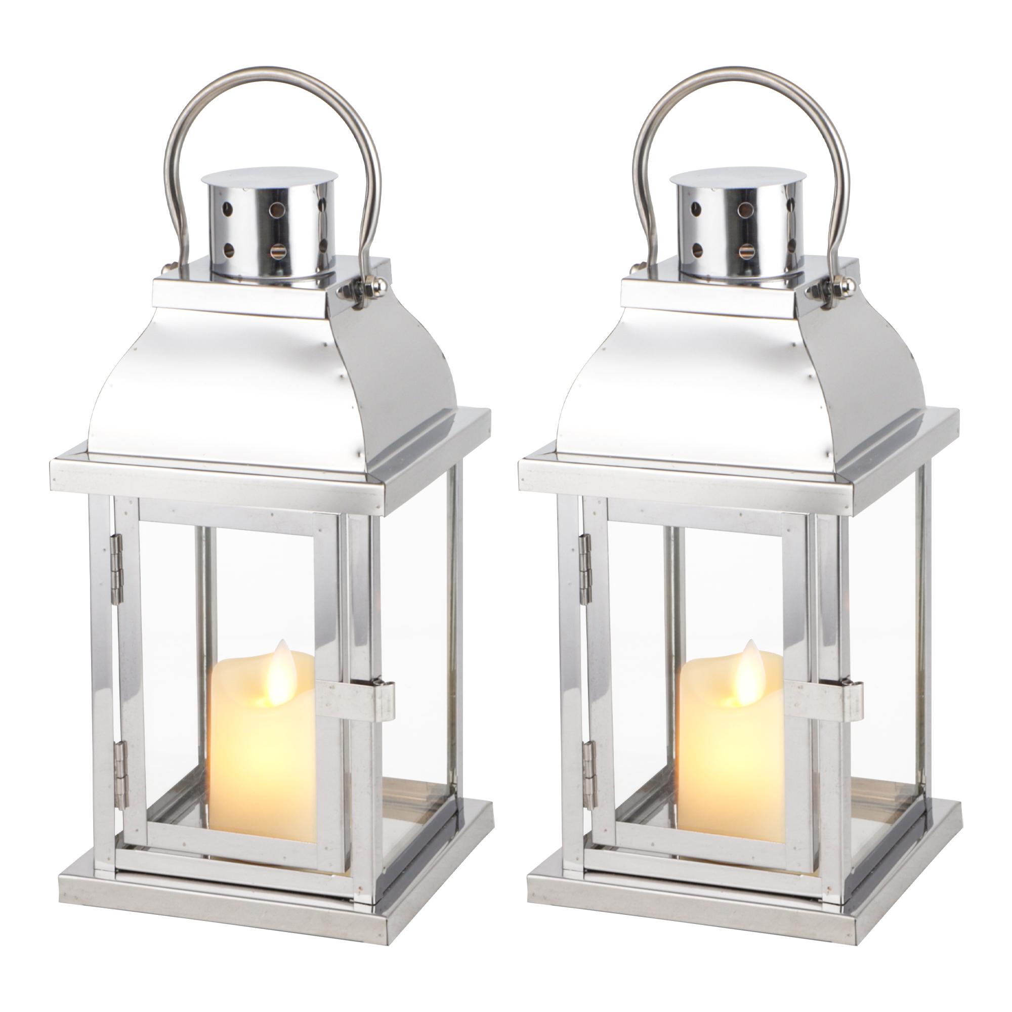 Set de 2 Mini Felinare din Oțel Inoxidabil 25cm Înălțime Suport pentru Lumânări Comemorative pentru Interior Exterior Nuntă 12*12*25 cm