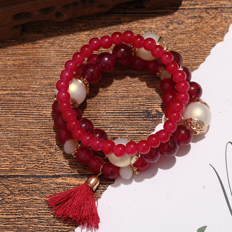 Bracelet Perlé Multicouche, Bracelet Polyvalent Personnalisé à Pompon en Résine, Bijoux Bohémiens Génération