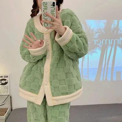 Grün Weiß Blau Verdickt Korallen Fleece Pyjamas Set Frauen Herbst Winter Lounge Home Warme Nachtwäsche Plus Größe Homewear