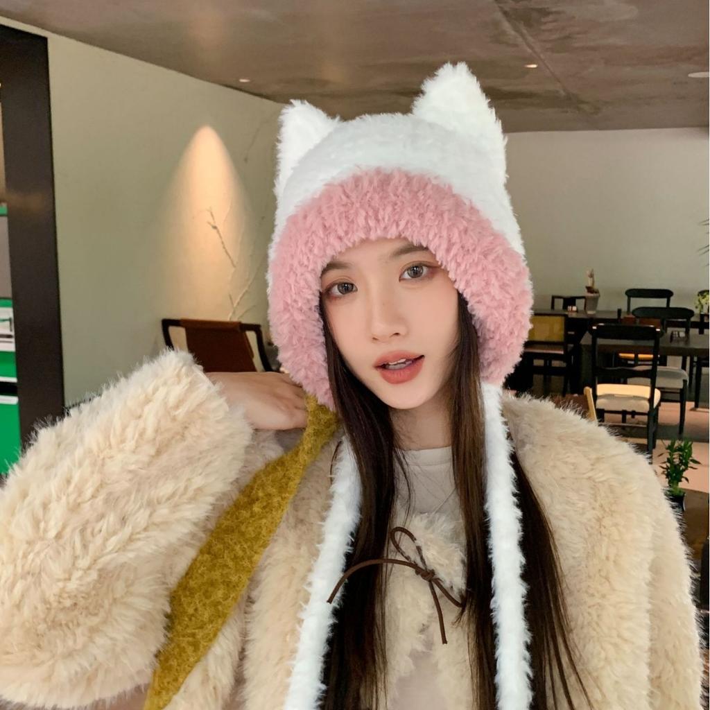 Bear Plush Knitted Hat Women'S Autumn And Winter Warm Versatile Ear Protection Wool Hat Showing Face Small Casual Cute Bald Hat