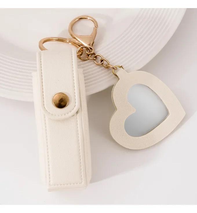Custom Logo Name Key Chain Ring Small Versatile Keyring New Portable Lipstick Bag Packet Heart Mirror Keychain Mini Leather Gift