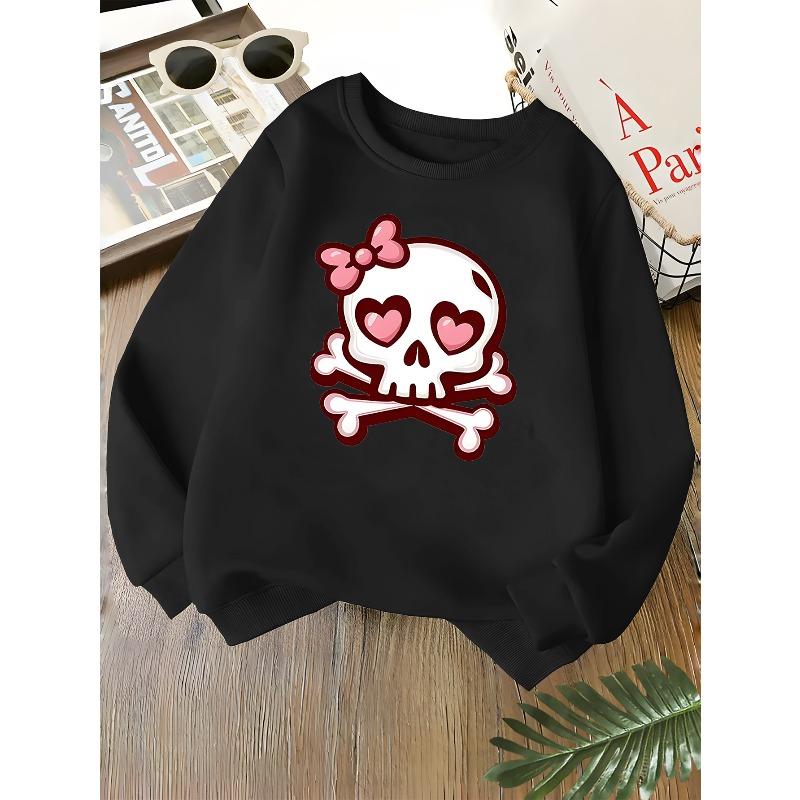 Kids Unisex Crewneck Sweatshirt, Cute Pink Bow Heart Eyes Skull Crossbones Print Long Sleeve Pullover, Kids Sweatshirt For Boys Girls Over 4 Years Old