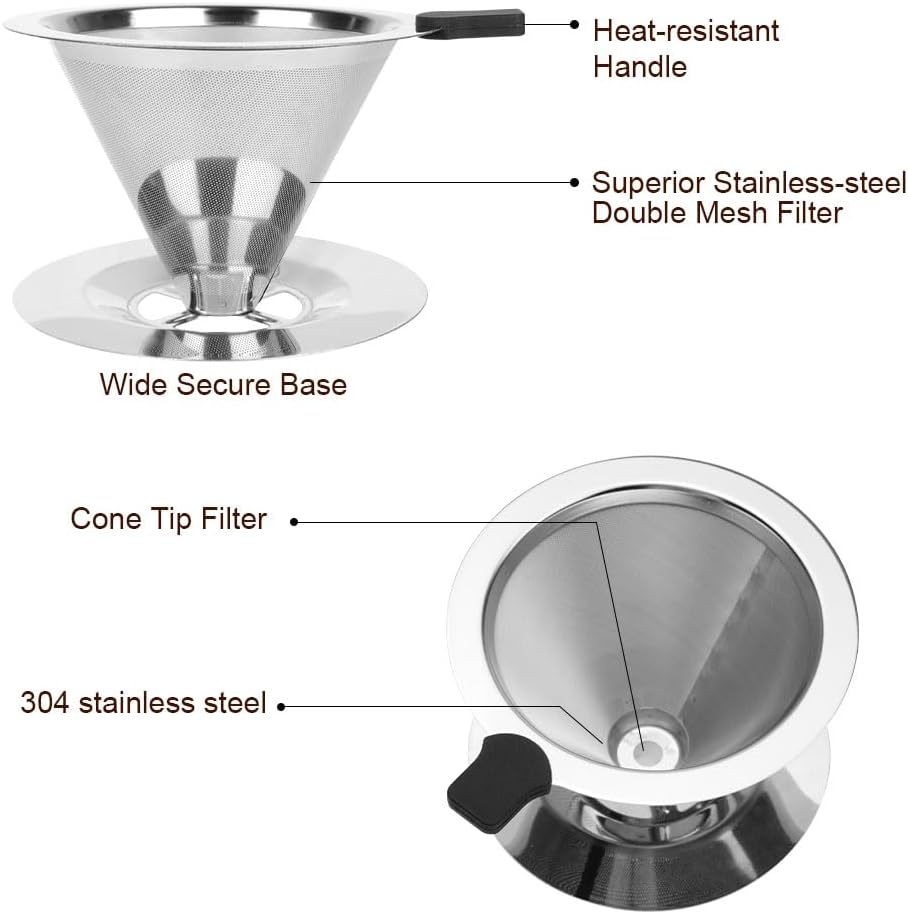 AIKARO Stainless Steel Pour Over Coffee Dripper - Reusable, Paperless Permanent Drip Cone Filter