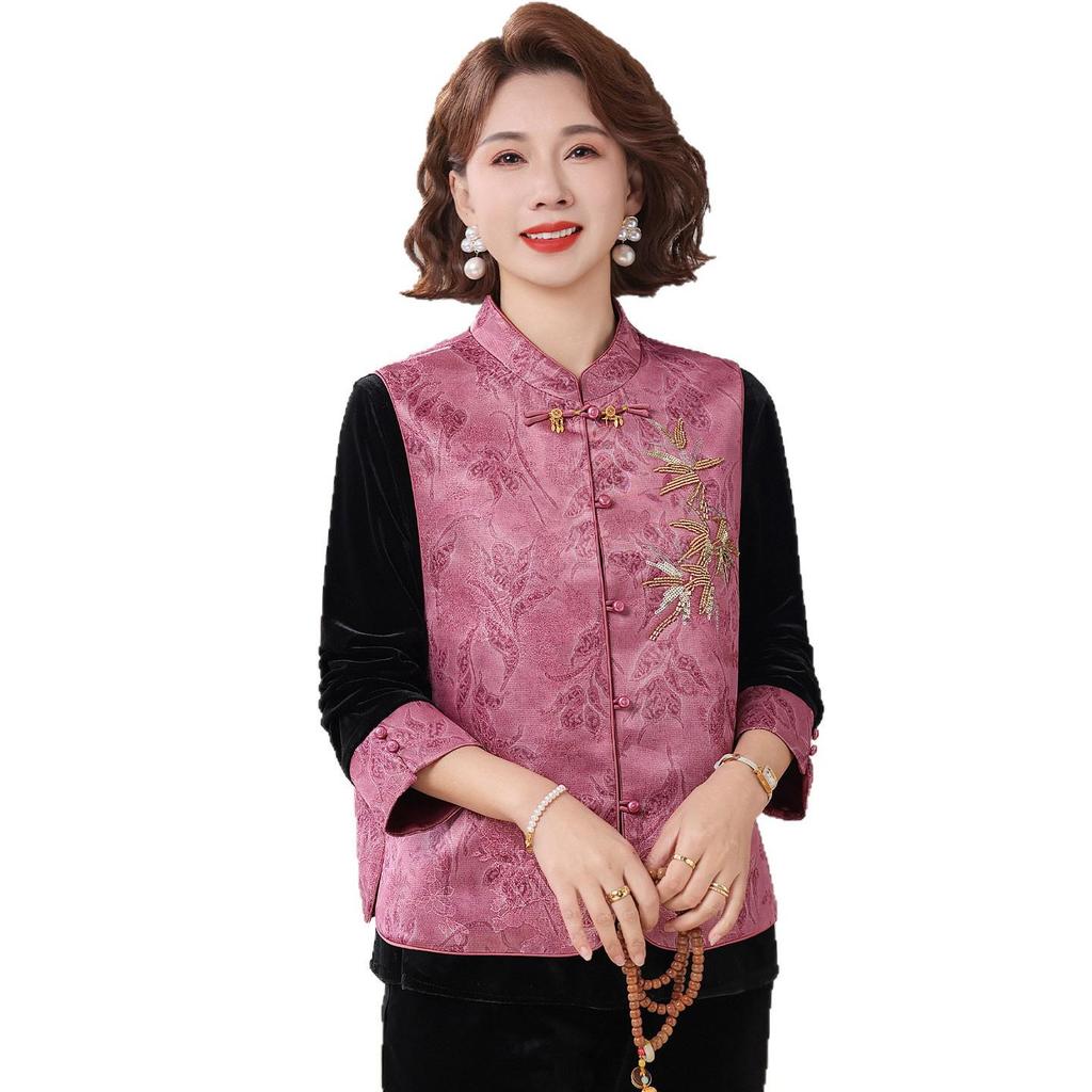 Gold Velvet Top: Elegant Chinese Style Spring & Autumn Jacket for Middle-Aged Women - Perfect Gift for Mother's Day