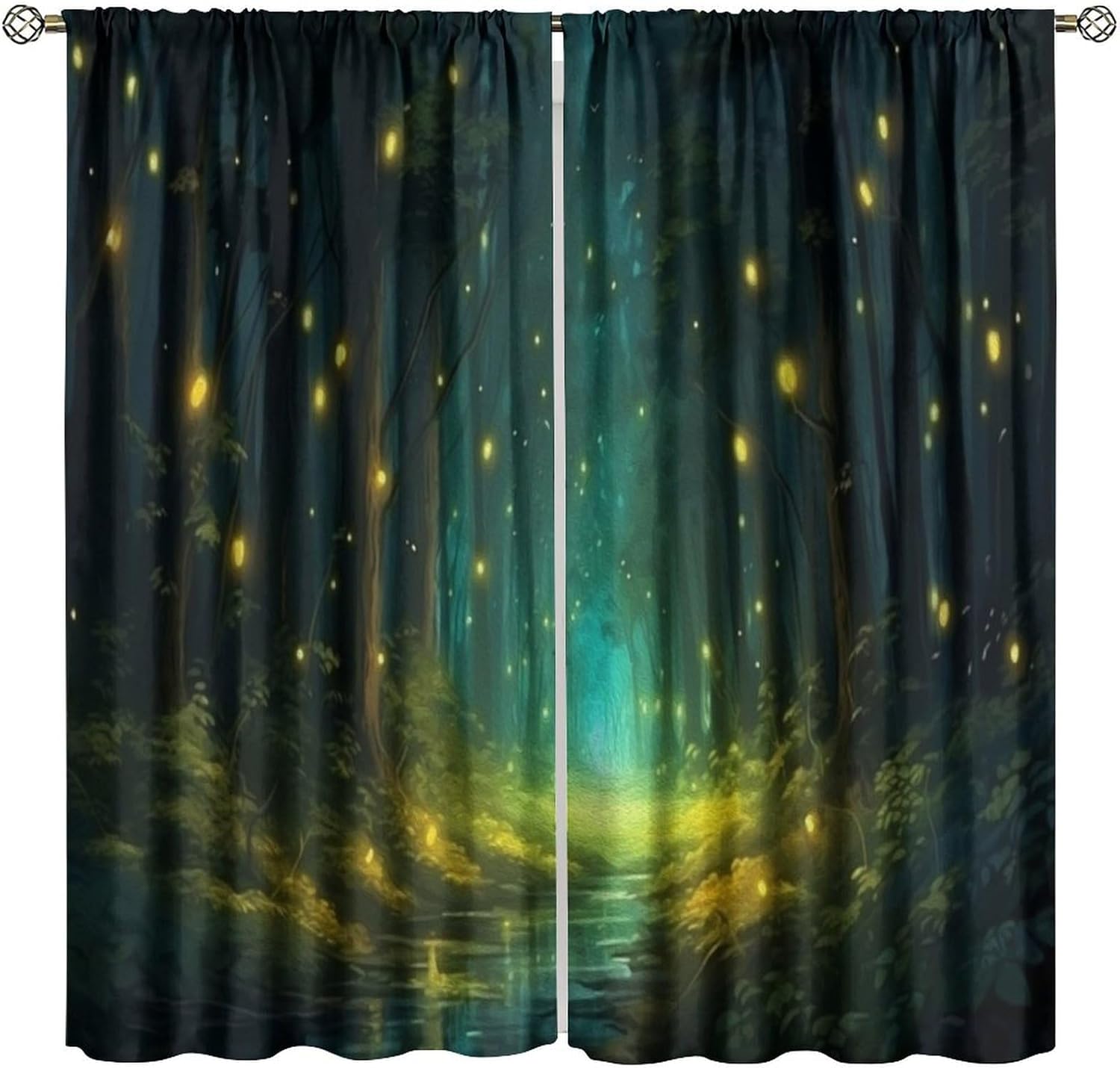 Enchanted Forest  Curtains – Glowing Fireflies & Misty Trees in Night Scene, Rod Pocket Drapes for Bedroom or Living Room 60×150cm