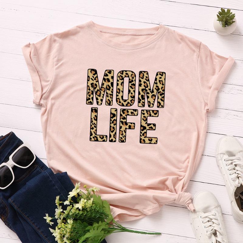Summer Women's Leopard Print Creative Text MOM LIFE Print Loose Round Neck Short Sleeved Pure Cotton T-Shirts Women’s