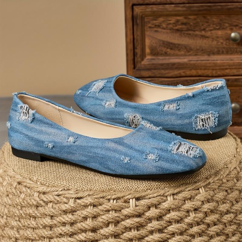 Women's Light Blue Slip-On Flats - Casual Square Toe Loafers with Ripped Detailing, Comfortable Rubber Sole Lightweight  Breathable Fabric for All-Day