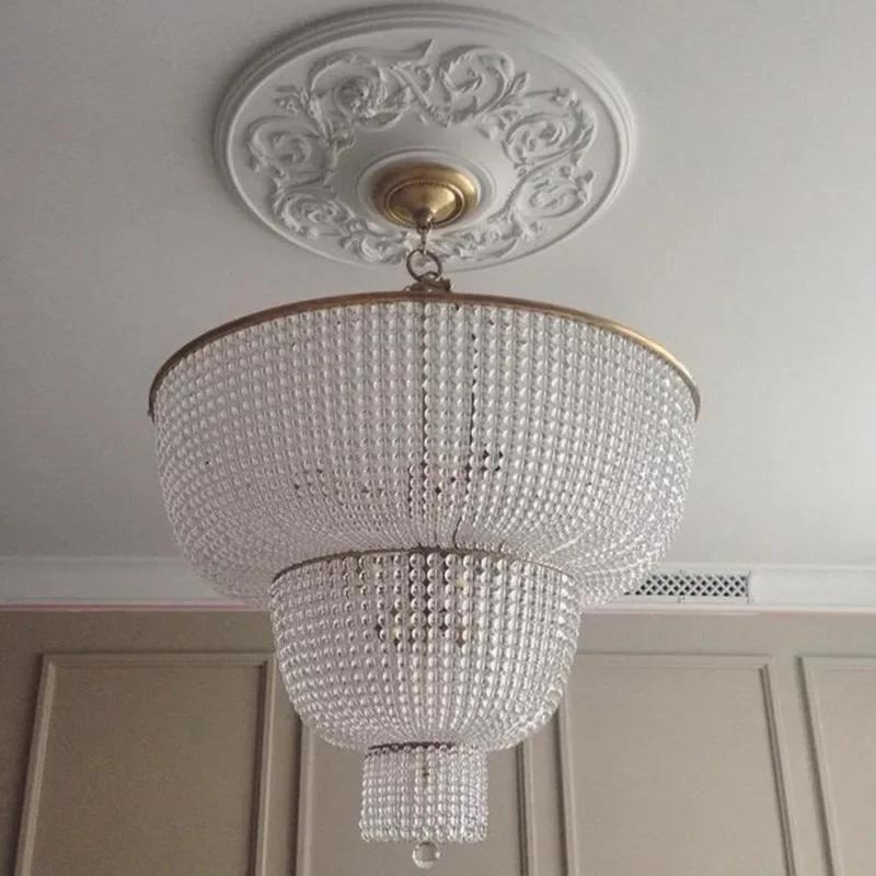 Modern retro round E14 LED living room golden/chrome chandelier transparent crystal lamp wooden bead pearl chandelier