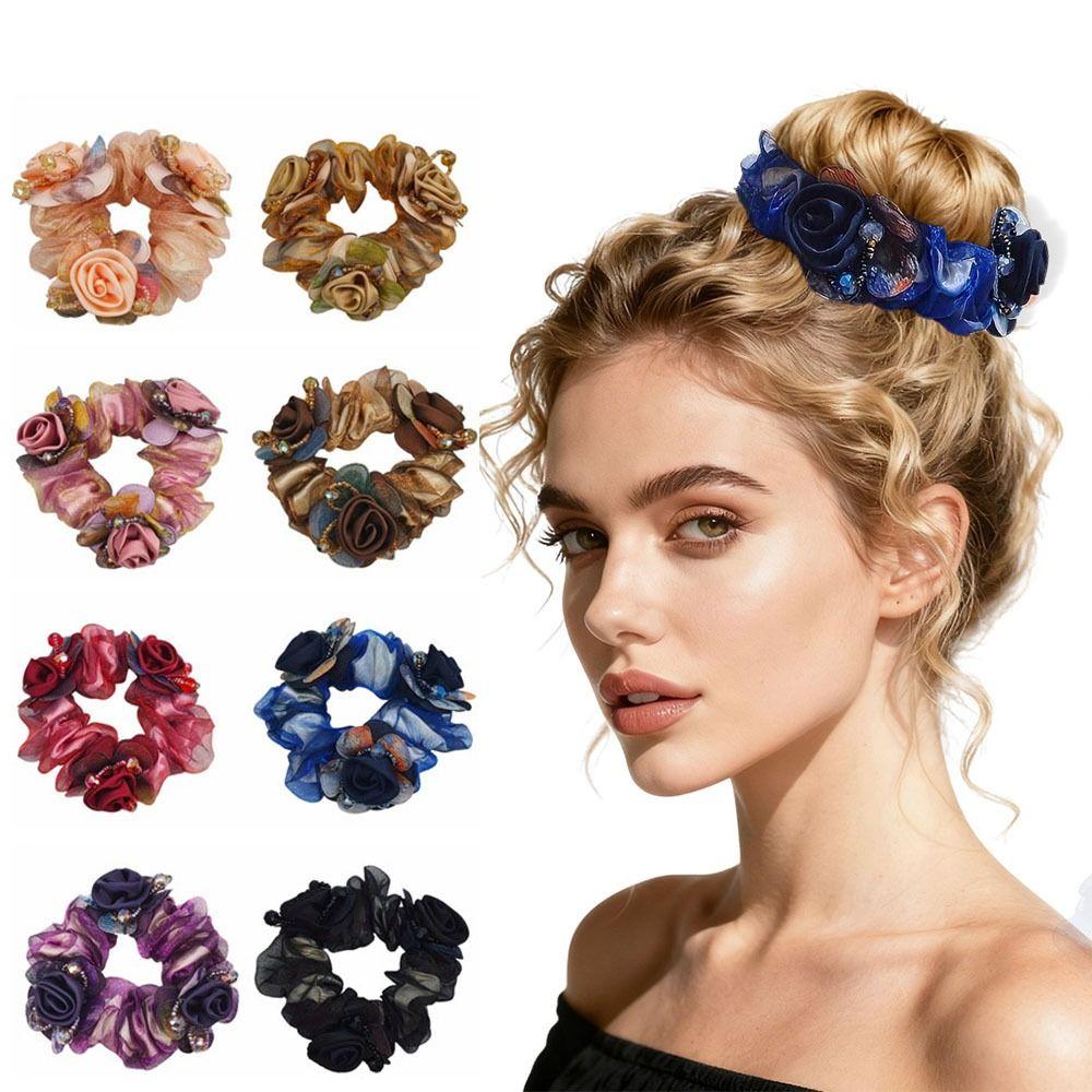 3 Flower Lace Hair Scrunchies Elegant Bun Rubber Bands Large Intestine Hair Ring Daily Use