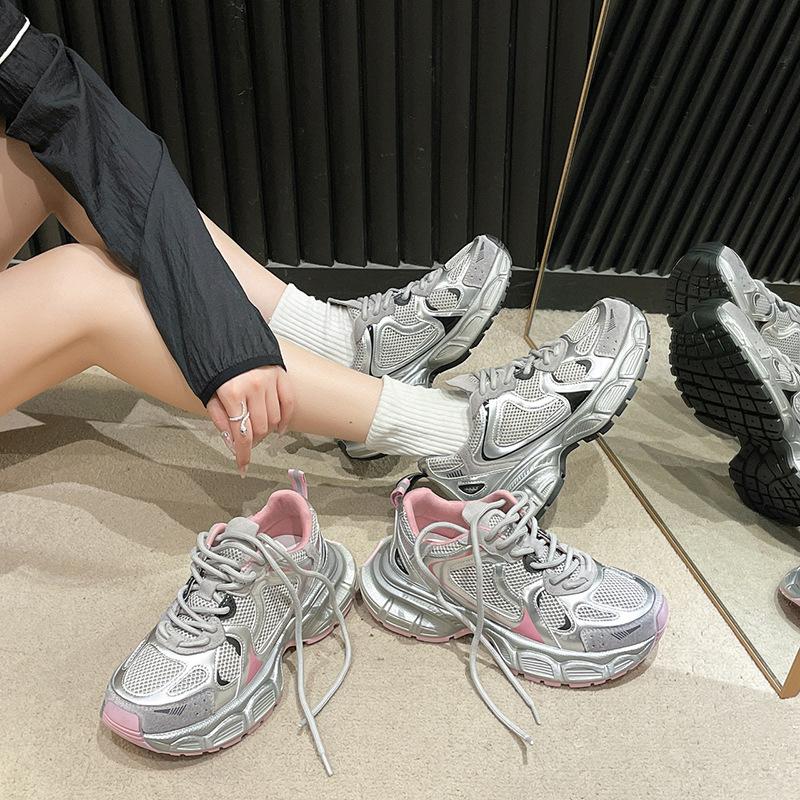 Leather thick-soled heightening dad shoes for women's spring 2025 new silver breathable and lightweight casual sports shoes for children