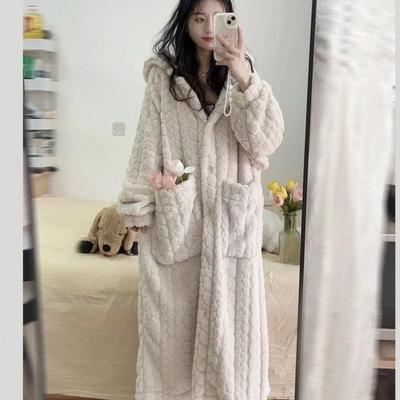 Women Coral Fleece Nightdress Women Winter Sweet Princess Sleepwear Bathrobe Thickened Flannel Pajamas Hooded Women Homewear Dress