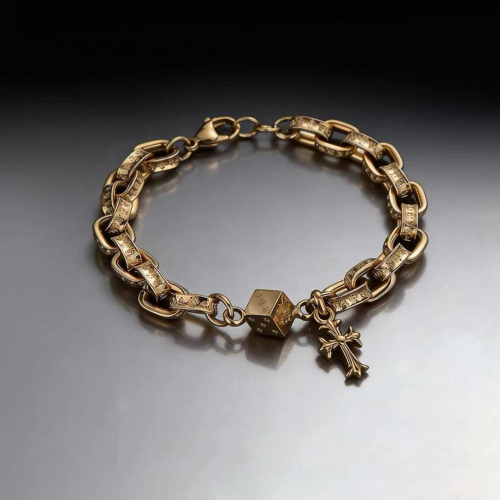Sanskrit retro titanium steel men's and women's bracelets dice do not fade cross flower hip hop gold Cuban bracelet