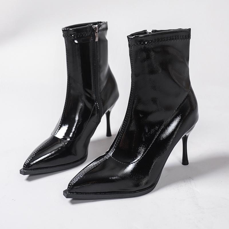 Fashion Patent Leather Women Ankle Boots Zipper Shoes Sexy Thin Heels Pointed Toe Modern Short Botas Mujer