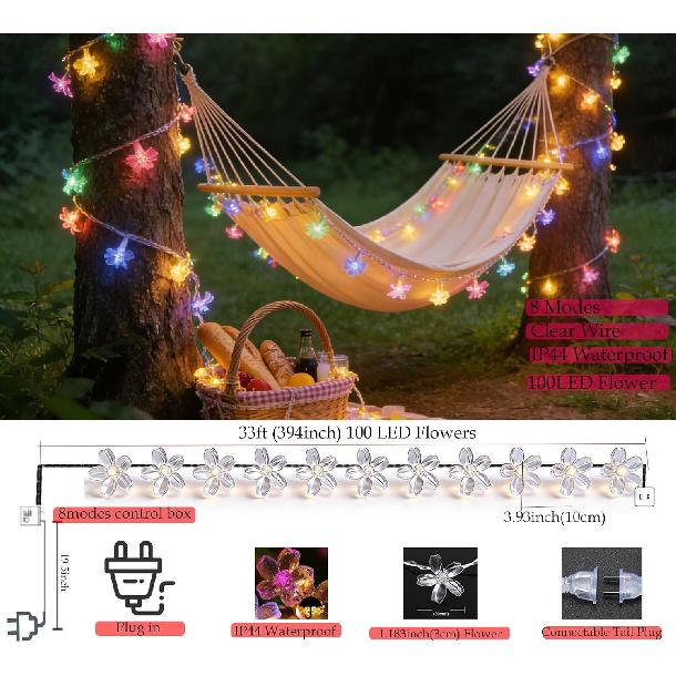 33ft 100 LED Plug in Pastel Christmas Flower String Lights Hanging Decor | Decorative Soft Crystal Petal Cherry Blossom Lamp for Easter, Valentine's
