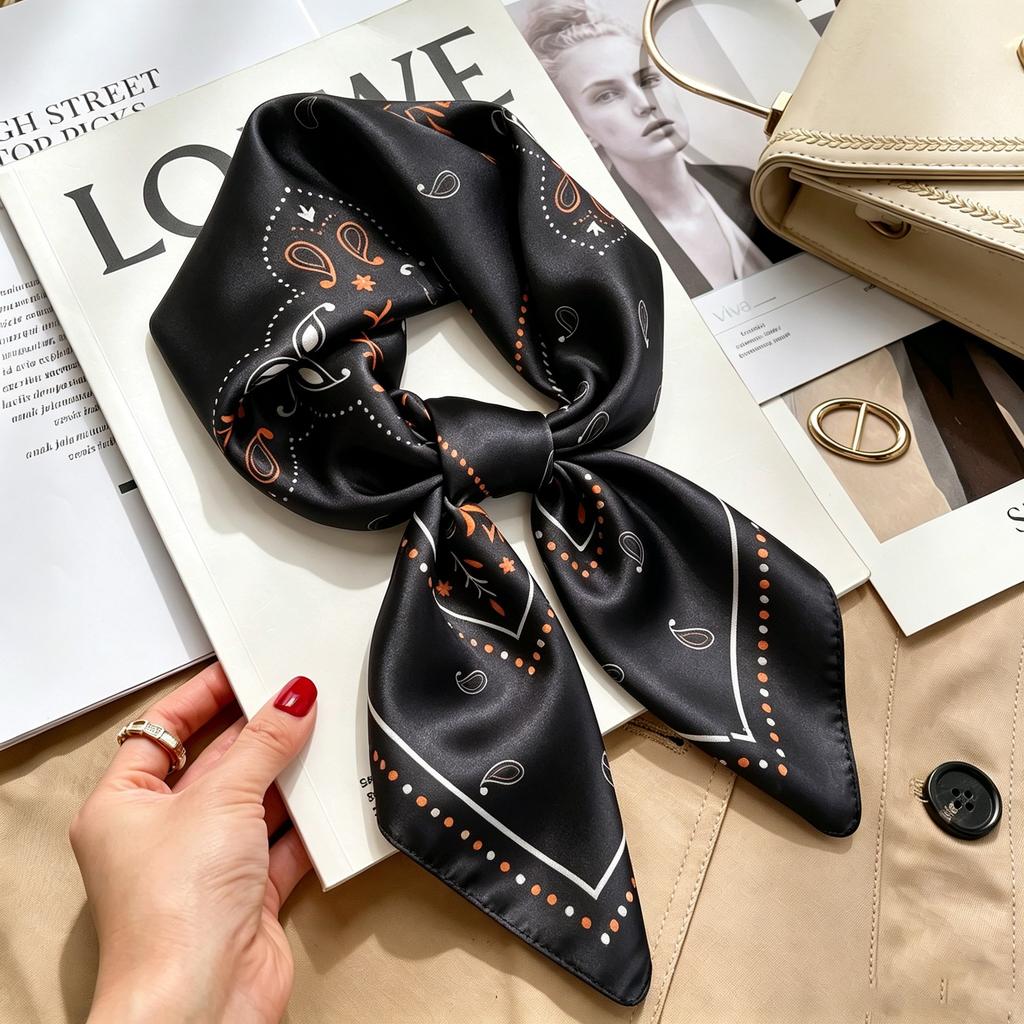 Commuter elegant flower silk scarf women's contrasting color retro printing satin scarf shirt with multi-purpose decorative small scarf