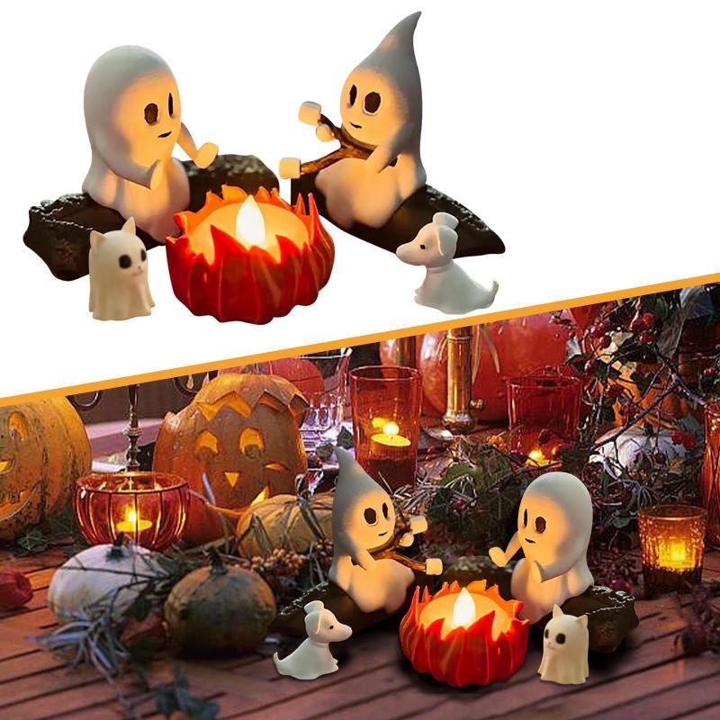 Ghost Campfire Gathering Flickering Nightlight 3D Printed Cute Ghost Ornaments Statues Bonfire Party Halloween Desk Decoration