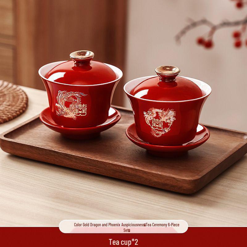 Wedding Tea & Chopstick Set: Red Bowls for Toasting & Happy Celebrations.
