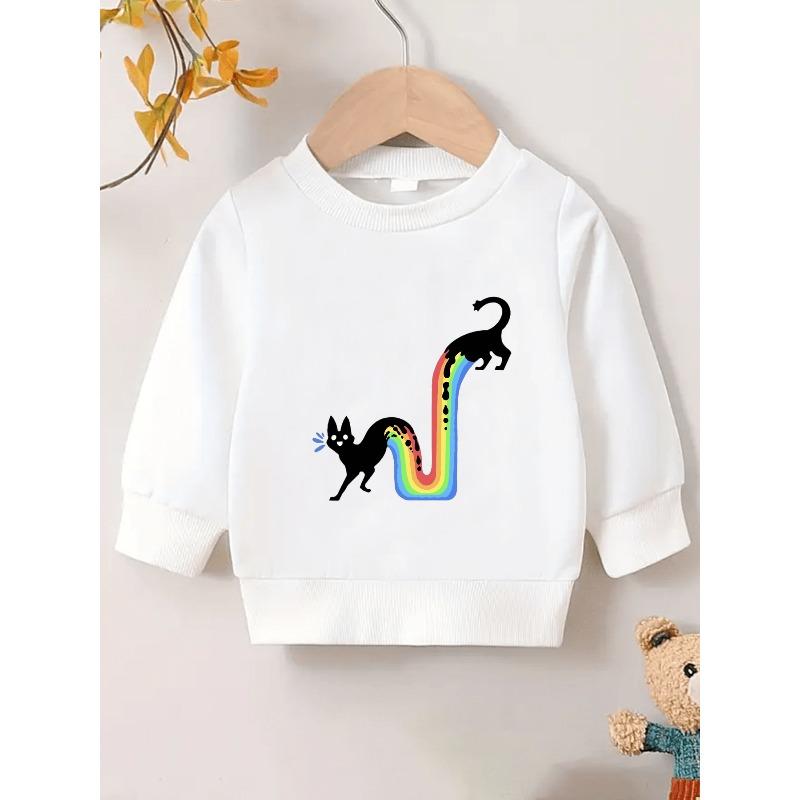 European sizes Rainbow Black Cat Print Long-Sleeve Round-Neck Sweatshirt for Kids Aged 0-3 110 белый