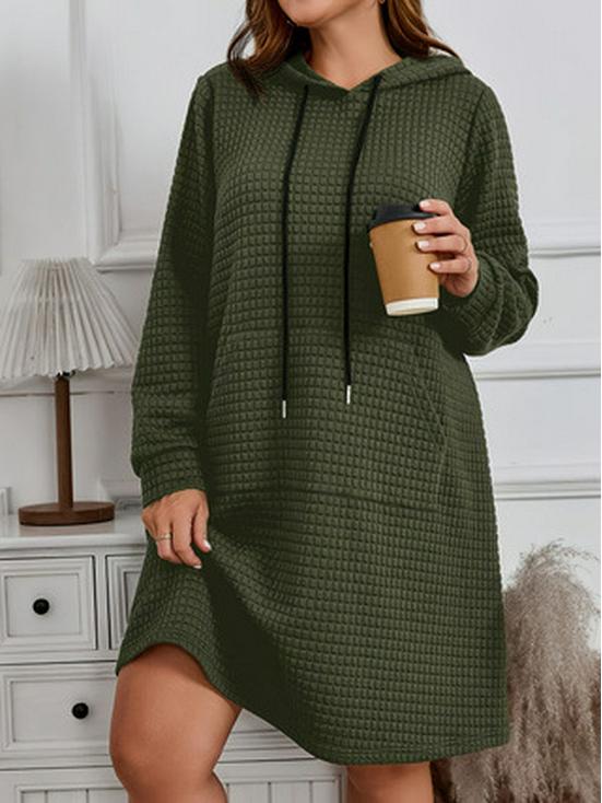 2025 Plus Size Women's Hooded Drawstring Dress - Solid Color, Long Sleeve, Autumn/Winter