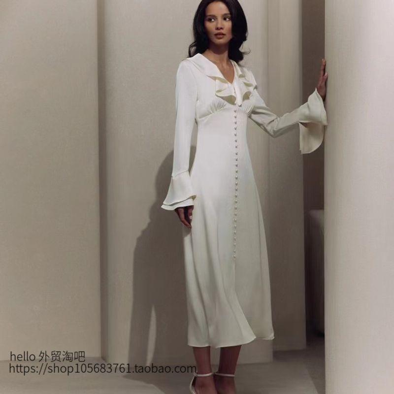 

Western Style Frill V-neck Bell Sleeve Single-Breasted Temperament Dress Lotus Leaf V-neck Dress Beige S