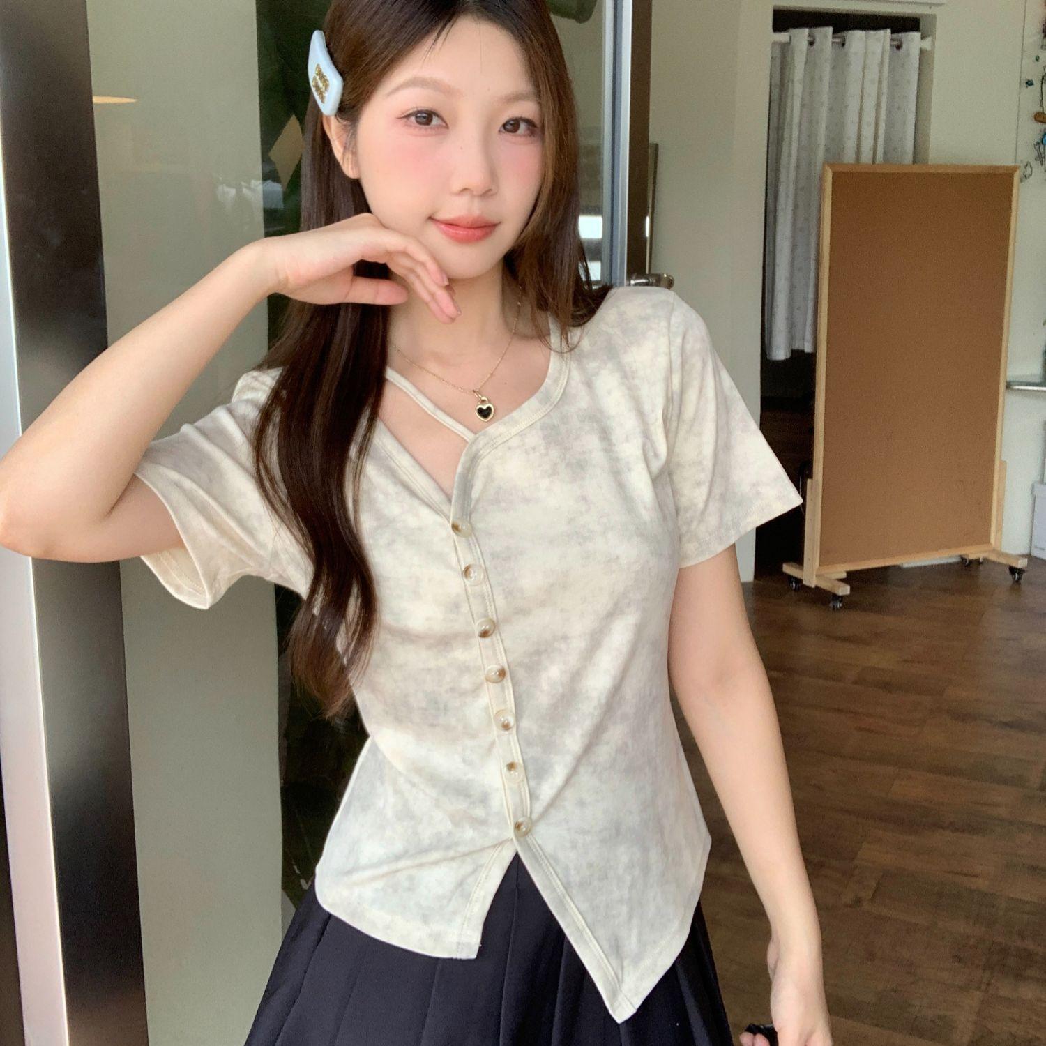 

Новая модная футболка с V-образным вырезом и короткими рукавами Женская летняя шикарная облегающая футболка с разрезом и неровным низом 4XL абрикосовый