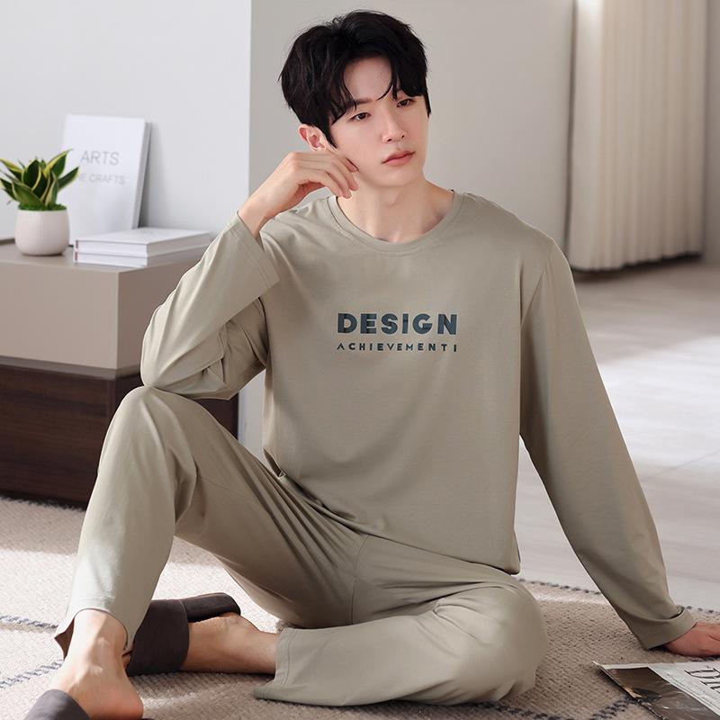 Pajamas Men'S Spring And Autumn Autumn Cotton Long Sleeve Casual Loungewear Autumn Men'S Crew Neck Large Size Two-Piece Set