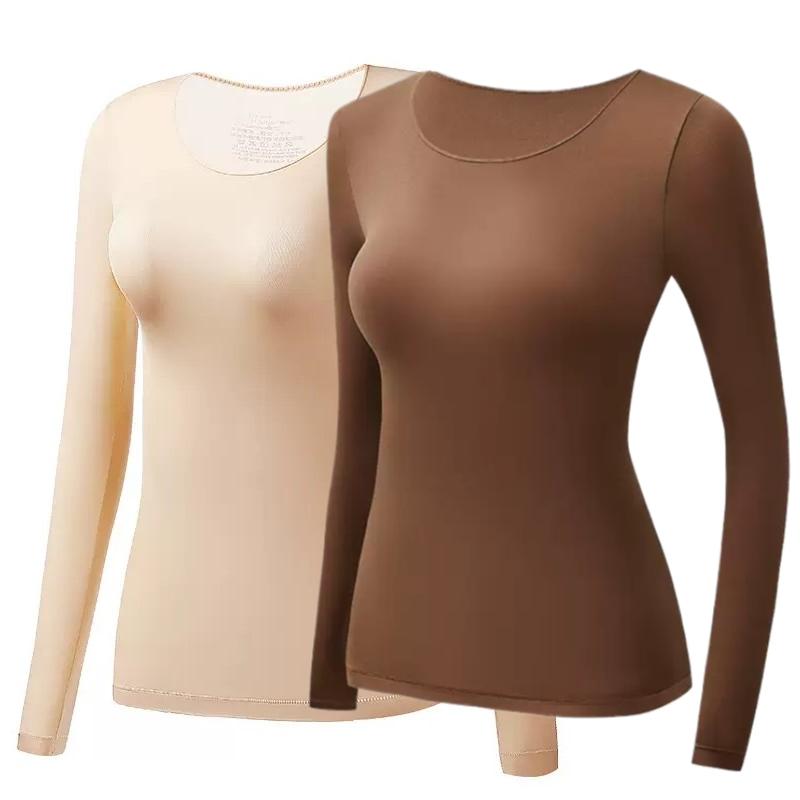 2 Stück Damen Thermounterwäsche Herbst Winter Unterhemd Langarm-T-Shirt Dünnes Oberteil Zweite Haut Damen Thermisch L-XL
