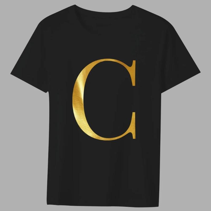Fashion T-shirt Black Men's 26 English Letters Gold Printing Pattern Series Casual Round Neck Commuter Comfortable Top T-Shirts Men’s