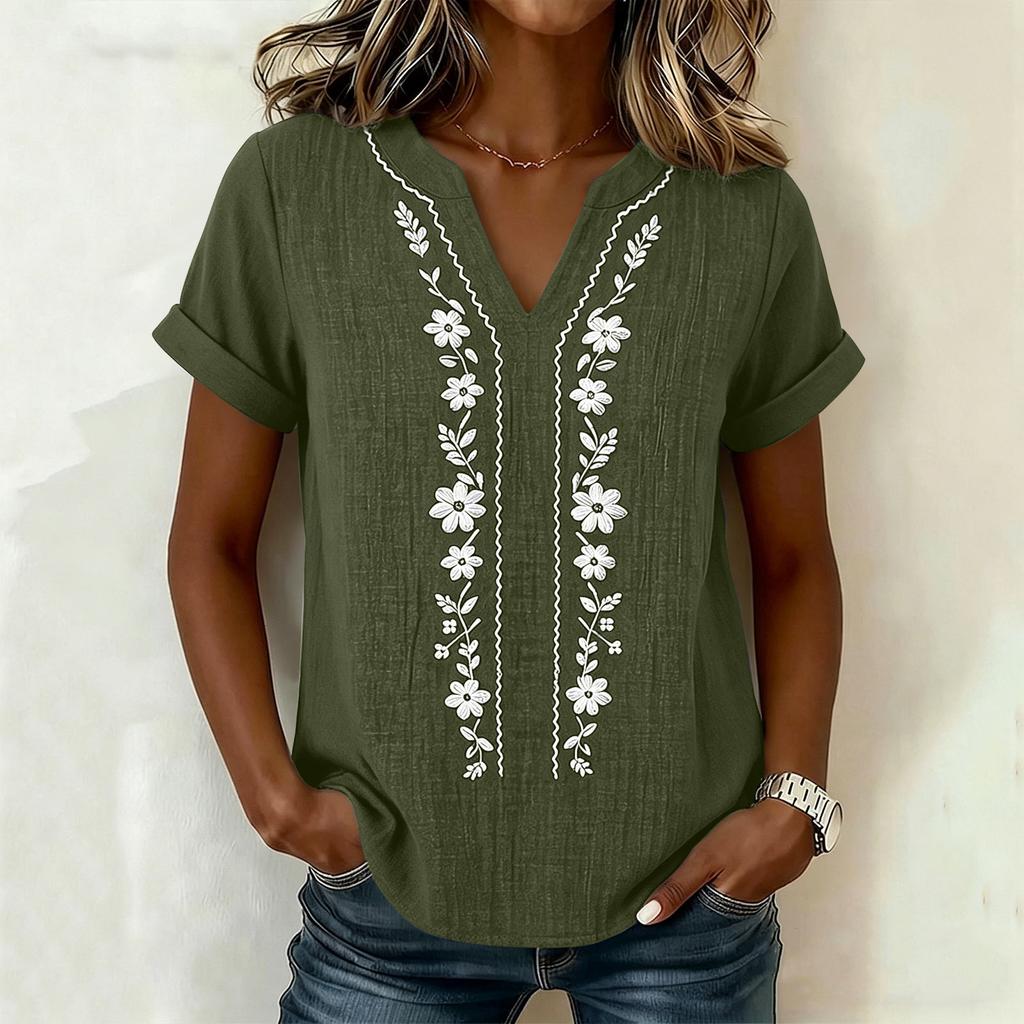 Women's V-Neck Embroidered Blouse - Short Sleeve, Casual Tunic Top for Summer, Business Casual Shirt