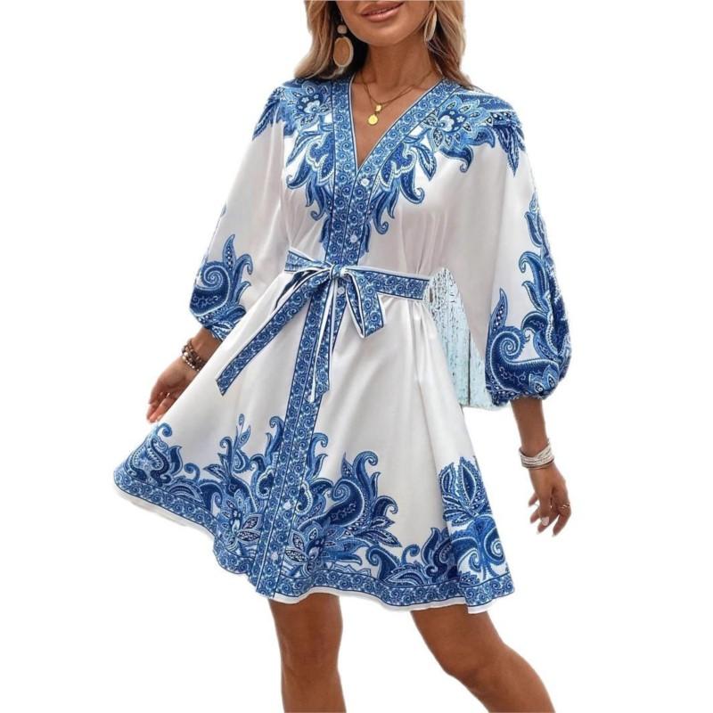 Dress Summerwomen's Vintage Print Dress Fashion Embroidery Dresses Casual Lace Up Mini Dresses for Woman